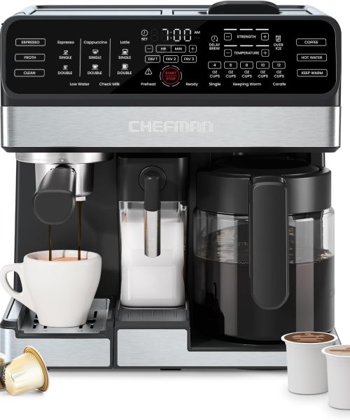 Chefman Coffee Maker Espresso Machine Combo. 8-in-1 Coffee Station with Automatic Milk Frother for Lattes.