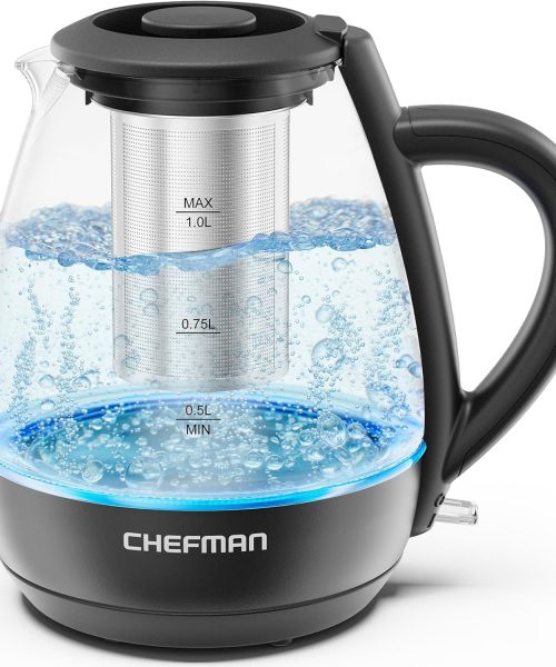 Chefman Electric Kettle with Tea Infuser. Compact 1L (4 Cups). 1500W. Removable Lid for Easy Cleaning.